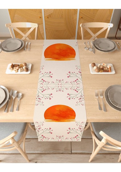 Çiçek Güneş Bej Desenli Özel Tasarım Runner Dijital Baskılı Dekoratif Masa Örtüsü Şık Ev Dekorasyonu