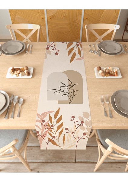 Yaprak Bohem Desenli Özel Tasarım Runner Dijital Baskılı Dekoratif Masa Örtüsü Modern Ev Dekorasyonu