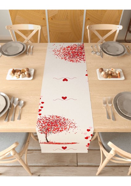 Kalp Bej Krem Desenli Özel Tasarım Runner Dijital Baskılı Dekoratif Masa Örtüsü Şık Ev Dekorasyonu