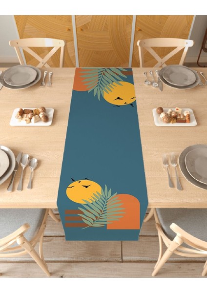 Yaprak Bohem Desenli Özel Tasarım Runner Dijital Baskılı Dekoratif Masa Örtüsü Modern Ev Dekorasyonu