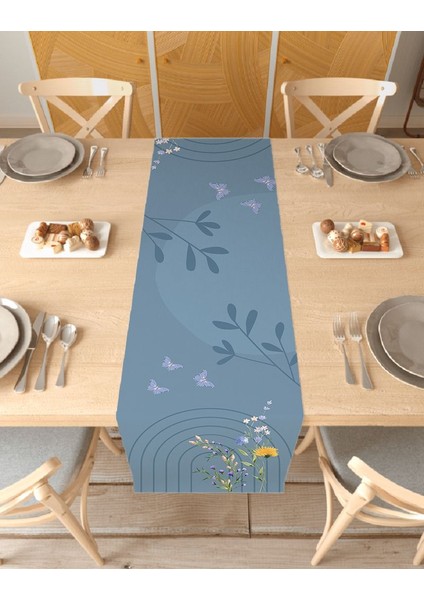 Çiçek Kelebek Desenli Şık Özel Tasarım Runner Dijital Baskılı Dekoratif Masa Örtüsü Ev Dekorasyonu