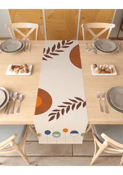 Yaprak Bohem Desenli Özel Tasarım Runner Dijital Baskılı Dekoratif Masa Örtüsü Modern Ev Dekorasyonu