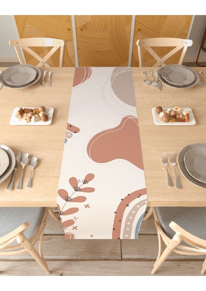 Yaprak Bohem Desenli Özel Tasarım Runner Dijital Baskılı Dekoratif Masa Örtüsü Modern Ev Dekorasyonu