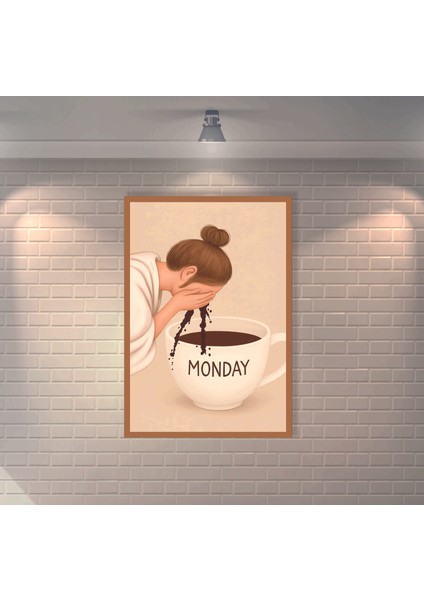 Monday Kahve ile Yüzünü Yıkayan Kadın Retro Mdf Duvar Dekarasyon Tablosu
