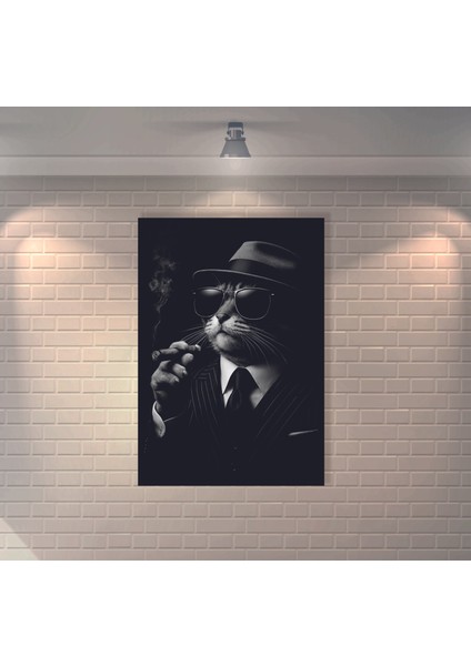Şapka Takıp Puro Içen Kedi Retro Mdf Duvar Dekarasyon Tablosu