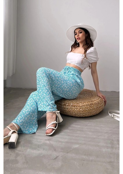 Çiçek Desenli Mavi Bürümcük Pantolon fiyatları