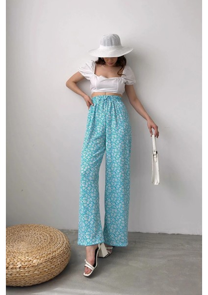 Çiçek Desenli Mavi Bürümcük Pantolon modelleri