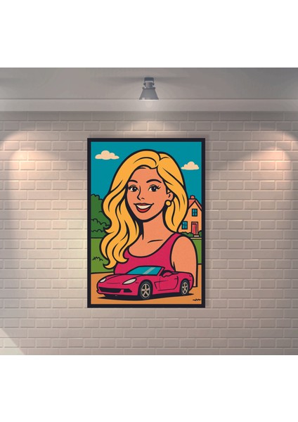 Spor Araba ve Sarışın Kız Retro Mdf Duvar Dekarasyon Tablosu