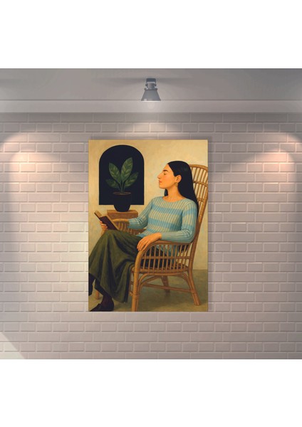 Sandalyede Kitap Okuyan Küpeli Kadın Retro Mdf Duvar Dekarasyon Tablosu