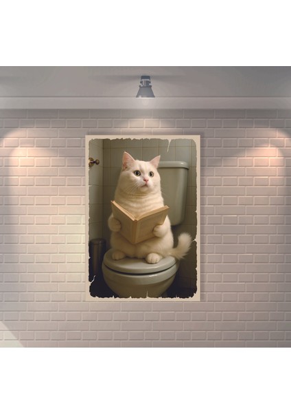 Wc De Ki Kitap Okuyan Kedi Retro Mdf Duvar Dekarasyon Tablosu