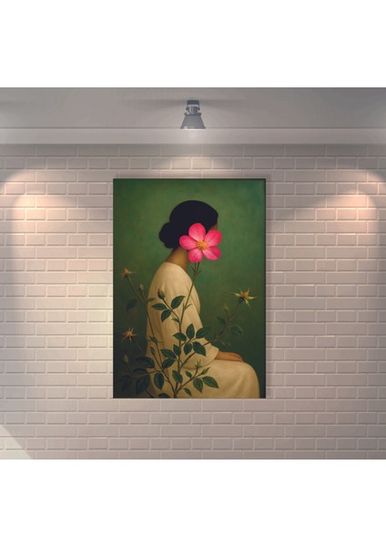 Çiçek Arkasında Ki Kadın Retro Mdf Duvar Dekarasyon Tablosu