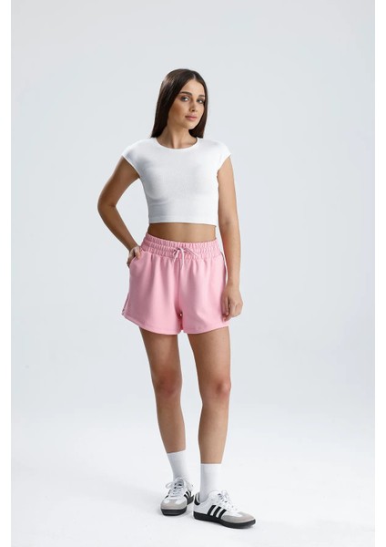 Kadın Pembe Şort Modal Kumaş Yumuşak Dokulu Esnek Likralı Bağcıklı Çift Cepli Şort indirimleri