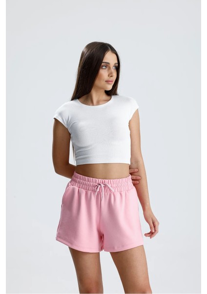 Kadın Pembe Şort Modal Kumaş Yumuşak Dokulu Esnek Likralı Bağcıklı Çift Cepli Şort