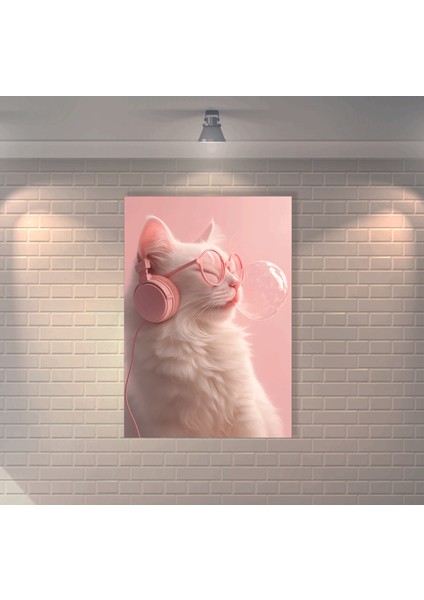Müzik Dinleyen Kedi Retro Mdf Duvar Dekarasyon Tablosu