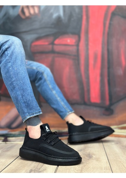 Bağcık Detaylı Triko Erkek Spor Ayakkabı Siyah (Siyah Taban)