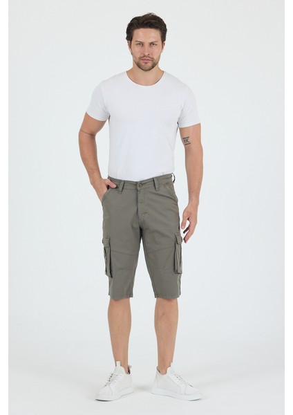 Erkek Kargo Cepli Diz Altı Uzun Şort Koyu Çağla Renk Bermuda Kapri