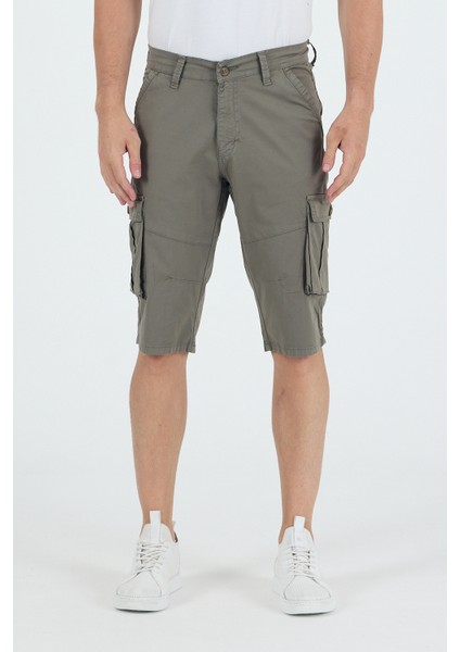 Erkek Kargo Cepli Diz Altı Uzun Şort Koyu Çağla Renk Bermuda Kapri modelleri