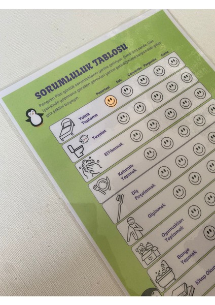 Yaz Sil Günlük Sorumluluk Tablosu A4 – Pvc Kaplama | Penguen Temalı Eğitici Çalışma