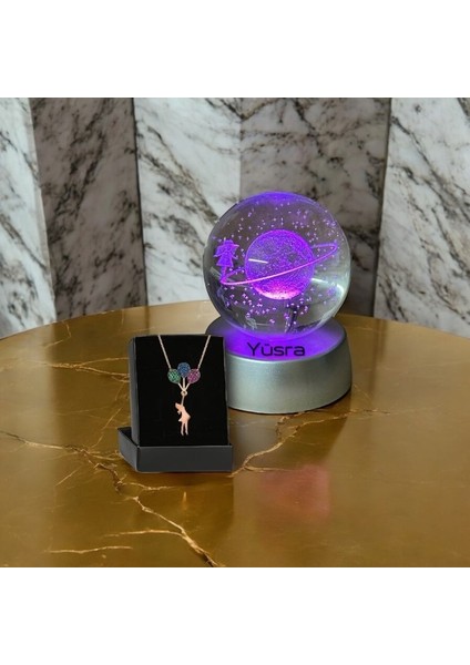 Kişiye Özel Satürn Kız Küre Dolunay Lamba Kristal Top ve Uçan Balonlu Kız Kolye