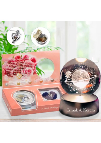 Istiridye Içinde Gerçek Inci Kolye & Dünyayı Dolaşan Prenses Gezgin Işıklı Cam Küre Hediye Seti