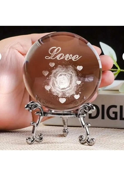 Dekoratif Metal Ayaklı Love Yazılı Kalp Desenli Kristal Cam Küre 6cm