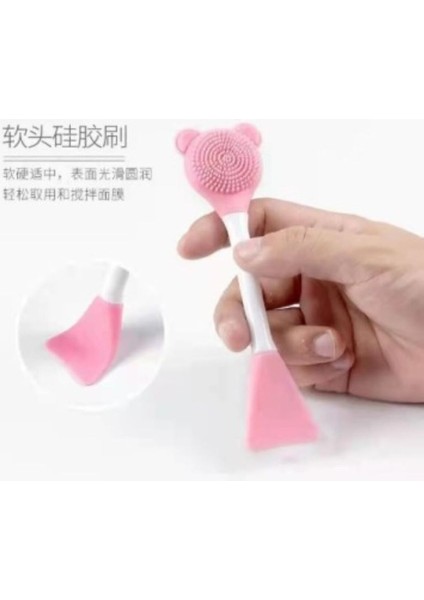 Pembe Silikon Yüz Temizleme Fırçası ve Maske Uygulama Spatulası