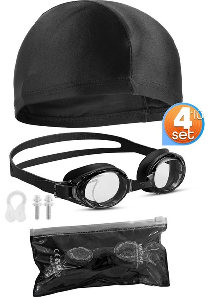 4'lü Yüzücü Seti, Kumaş Bone, Kulak ve Burun Tıkaçlı, Havuz ve Deniz Için Siyah