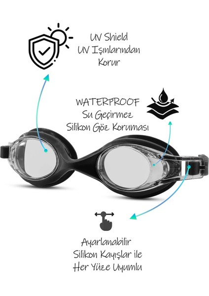 4'lü Yüzücü Seti, Kumaş Bone, Kulak ve Burun Tıkaçlı, Havuz ve Deniz Için Siyah indirimleri