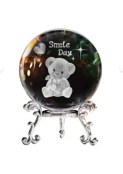 Dekoratif Metal Ayaklı Smile Day Temalı Ayıcık Figürlü Kristal Cam Küre 6cm fiyatları