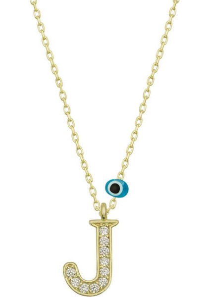 925 Ayar Gümüş Nazar Gold J Harfi Kadın Gümüş Kolye (T6786) (7272)
