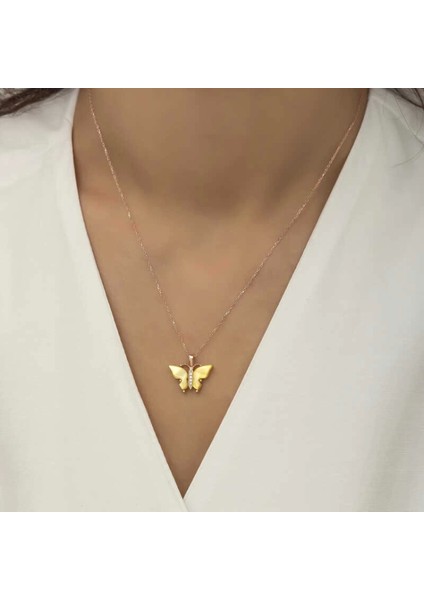925 Ayar Gümüş Rose Sarı Kaplangözü Taşlı Kelebek Kolye (T5918) (7272) fiyatları