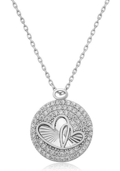 925 Ayar Gümüş Zirkon Taşlı Iki Kalp Kadın Gümüş Kolye (T4521) (7272)