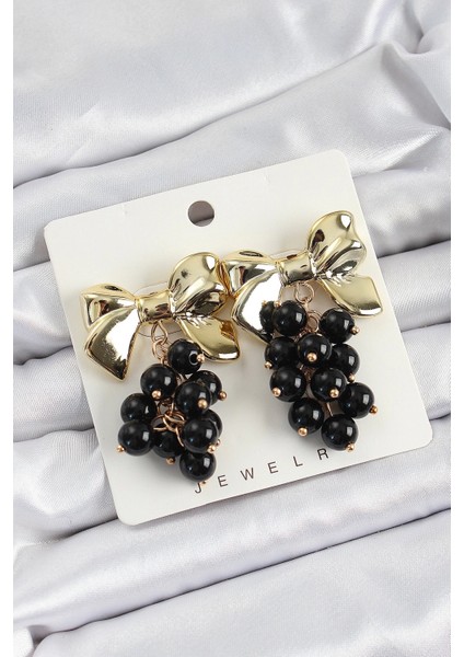 Pirinç Sallantılı Siyah Boncuklu Fiyonk Vintage Model Gold Renk Kadın Küpe - TJ-BKP10775