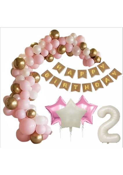 2 Yaş Kraft-Gold Banner, 30 Adet Pembe, Gold, Beyaz Balon 2 Pembe 1 Bej Yıldızlı Doğum Günü Seti