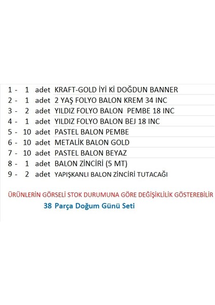 2 Yaş Kraft-Gold Banner, 30 Adet Pembe, Gold, Beyaz Balon 2 Pembe 1 Bej Yıldızlı Doğum Günü Seti