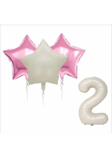 2 Yaş Kraft-Gold Banner, 30 Adet Pembe, Gold, Beyaz Balon 2 Pembe 1 Bej Yıldızlı Doğum Günü Seti