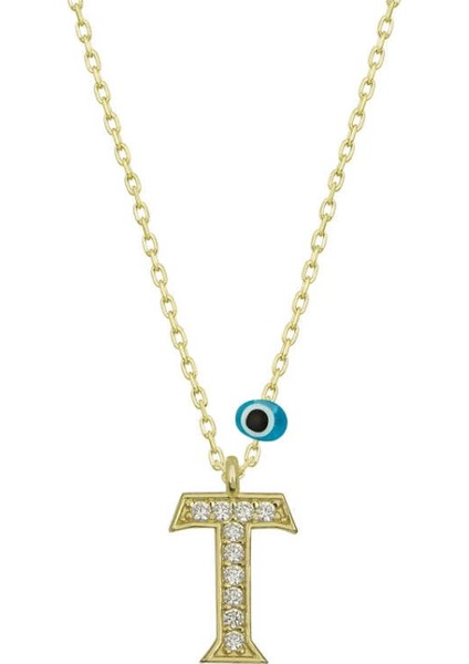 925 Ayar Gümüş Nazar Gold T Harfi Kadın Gümüş Kolye (T6797) (7272)