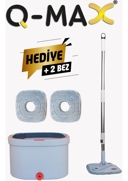 Kare Döner Başlıklı Mikrofiber Mop ve Vilada Kova Seti, Yedek Bez Hediyeli