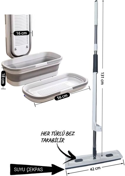 Çek Yıka Sıkmalı Kovalı Mop Seti- 42 cm, Kullanışlı Ve Pratik Temizlik Seti