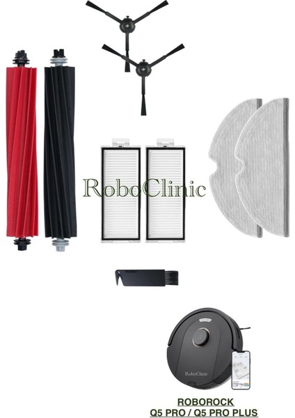 Siyah Uyumlu Fırça Hepa Mop Yenileme Seti Roborock Q5 Pro Plus