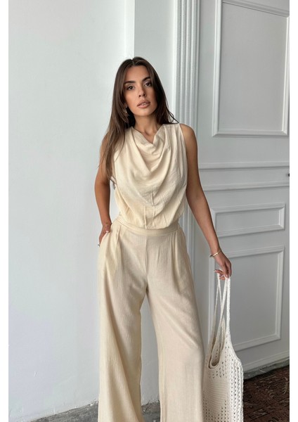Degaje Yaka Kolsuz Bluz - Pantolon Takım - Taş