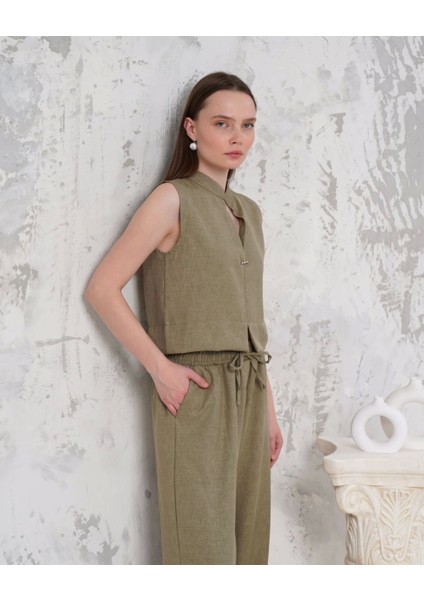 Broşlu Yelek Pantolon Takım Haki S255821