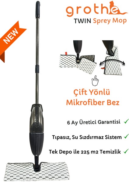 Çift Taraflı Püskürtmeli Mop, Su Hazneli ve Tıpasız Sistem, Garantili, Temizlik Kolaylığı