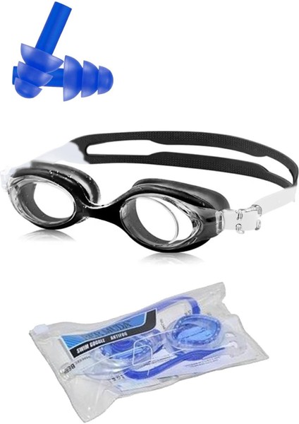 Siyah Yüzücü Gözlüğü ve Kulak Tıkacı Seti, Uv Korumalı, Cam Ce, Çantalı