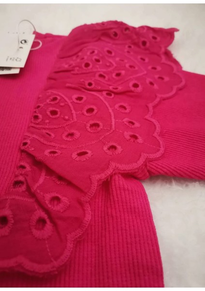 Kız Çocuk Pamuklu Kot Şort Etek Fuşya Pembe Güpür Detaylı Alt Üst Takım 2'li Takım