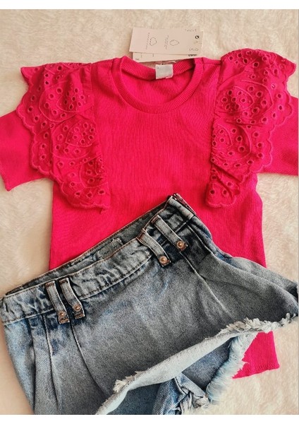 Kız Çocuk Pamuklu Kot Şort Etek Fuşya Pembe Güpür Detaylı Alt Üst Takım 2'li Takım