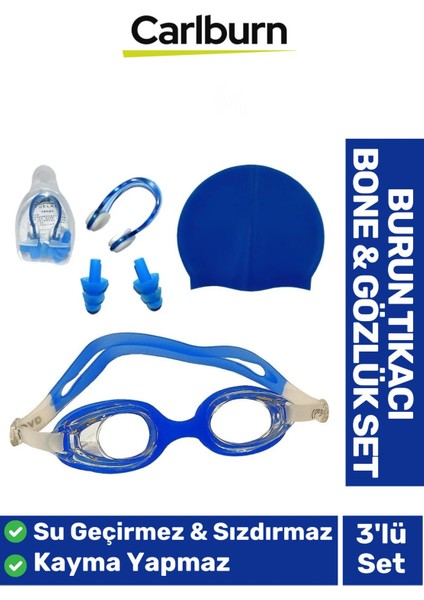 Çocuklar Için Mavi Su Geçirmez Silikon Havuz ve Deniz Seti, Gözlük, Bone, Burun Tıkacı
