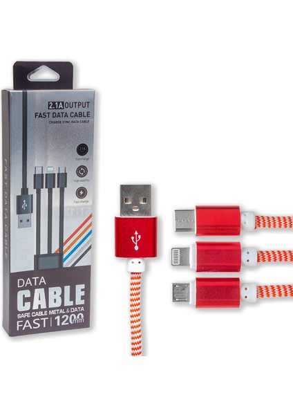 Mıcro Usb/type-C/lıghtnıng 2.1A Metal 1.2 Metre Şarj ve Data Kablosu (5064) modelleri