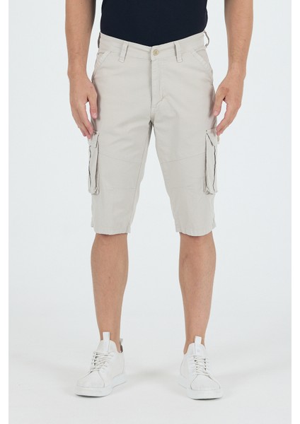 Erkek Kargo Cepli Diz Altı Uzun Şort Taş Rengi Bermuda Kapri