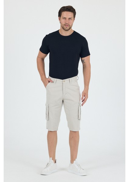 Erkek Kargo Cepli Diz Altı Uzun Şort Taş Rengi Bermuda Kapri modelleri